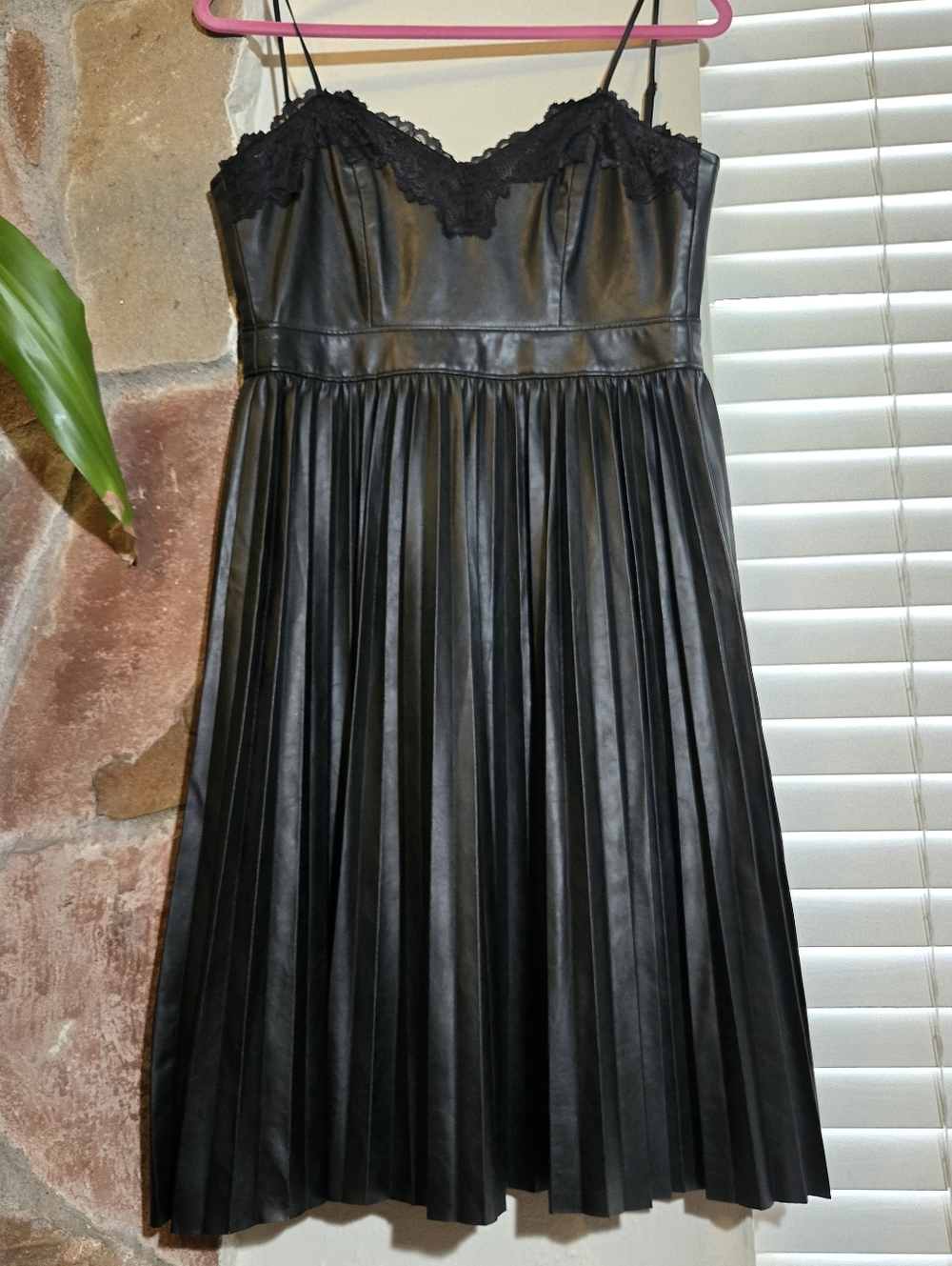 Indie Sleaze Pleated Faux Leather Dress with Lace Trim